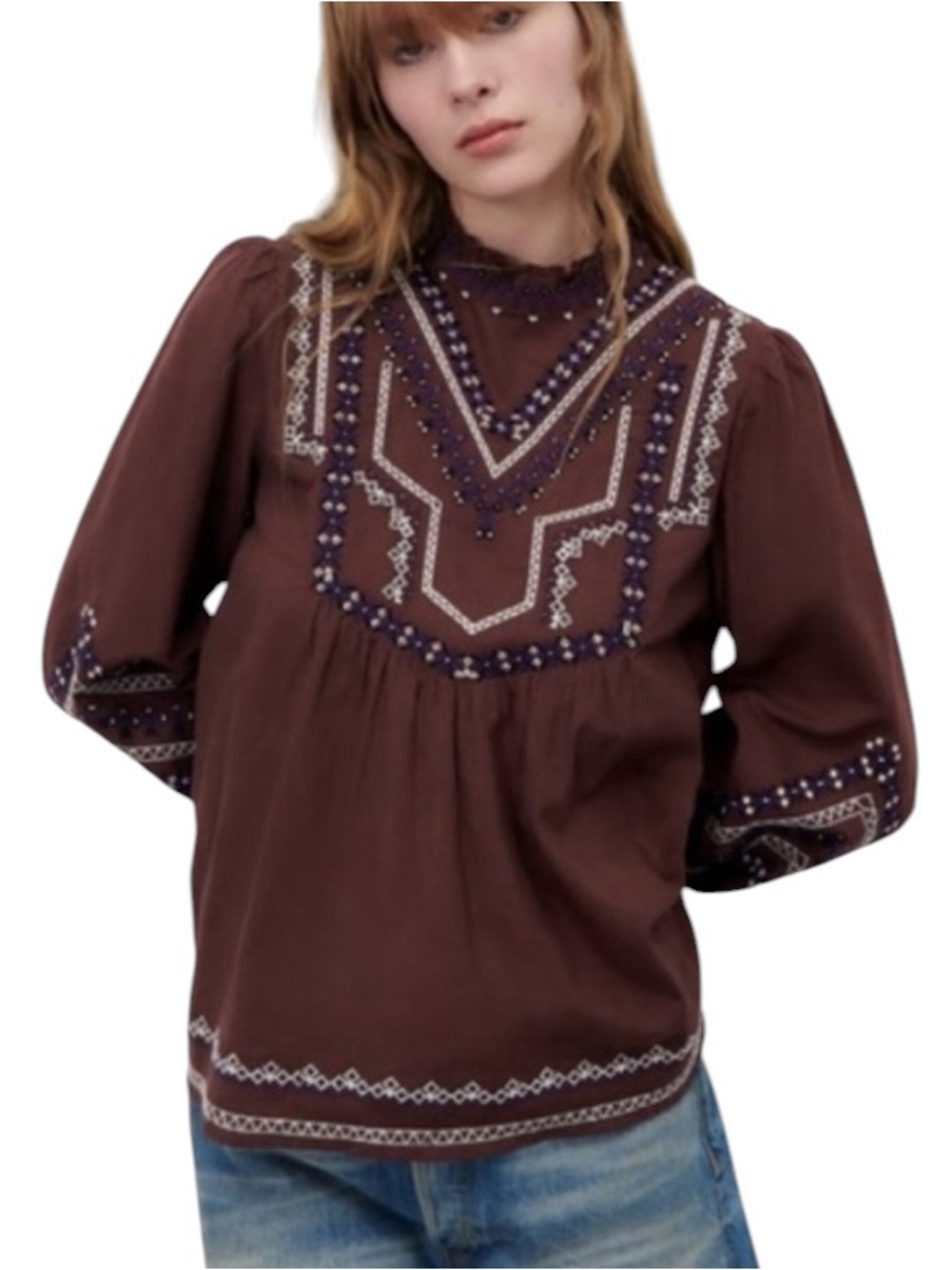 Zara Brown Beaded Embroidered Linen Blend Ruffle Neck Puff Sleeve Blouse - XL